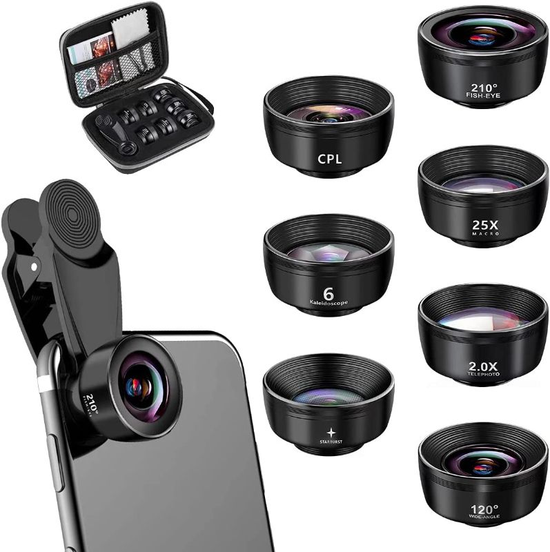 Photo 1 of 7 in 1 Upgraded Phone Lens kit-210° Fisheye Lens+ 25X Macro Lens+ 120°Wide Angle Lens+ Telephoto Lens+ CPL+ Kaleidoscope+ Starburst, Clip-on Camera Lens for Samsung Android iPhone 11 12 X Xr pro
