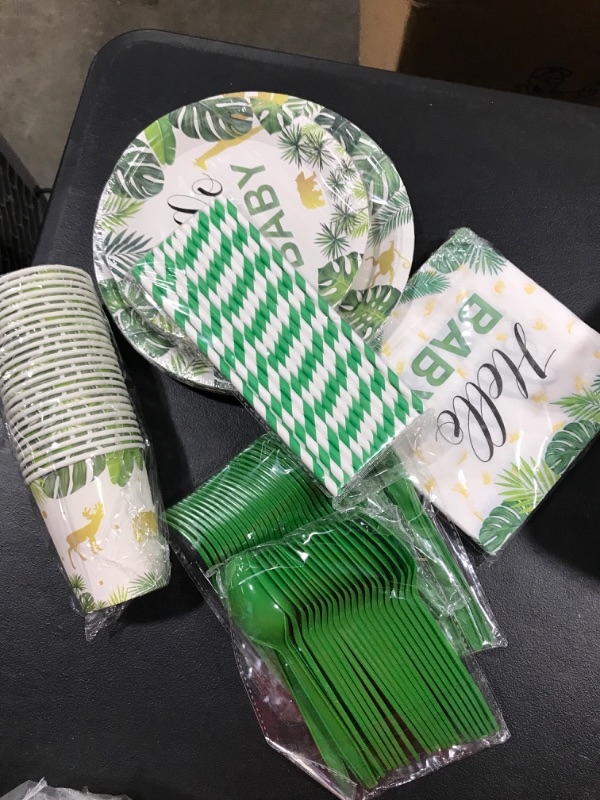 Photo 2 of AerWo Safari Baby Shower Decorations for Boy, Jungle Theme Baby Boy Shower Decorations, Birthday Decorations Animals Tableware Include Paper Plates, Napkins, Cups, Gender Neutral, Serves 24