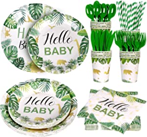 Photo 1 of AerWo Safari Baby Shower Decorations for Boy, Jungle Theme Baby Boy Shower Decorations, Birthday Decorations Animals Tableware Include Paper Plates, Napkins, Cups, Gender Neutral, Serves 24