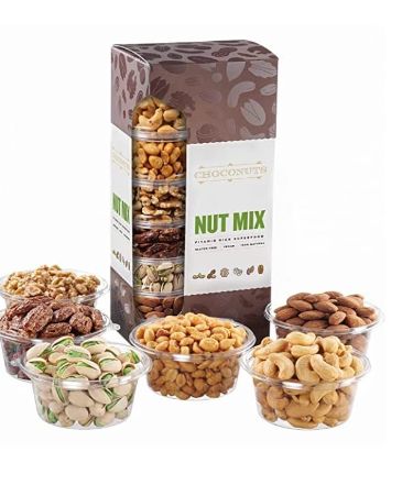 Photo 1 of Assorted Fresh Roasted Nut Gift Tower, Variety of Six Gourmet Nuts, Great Health Gift Box for Xmas, Get Well Gift, Sympathy Basket, Hostess Gift, Just Because Gift - By Choconuts