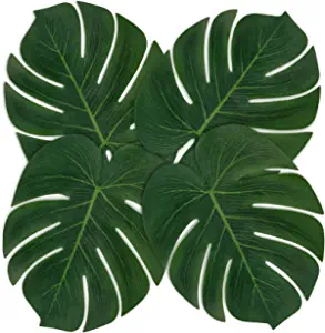 Photo 1 of 48 Pcs 14" Large Artificial Palm Leaves, Fake Monstera Leaves, Tropical Leaves for Safari Birthday Wedding, Jungle Luau Hawaiian Party Table Decorations