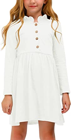 Photo 1 of BesserBay Girl's Ruffle Collar Button-Down Pleated Casual Swing Midi Dress, 10Y