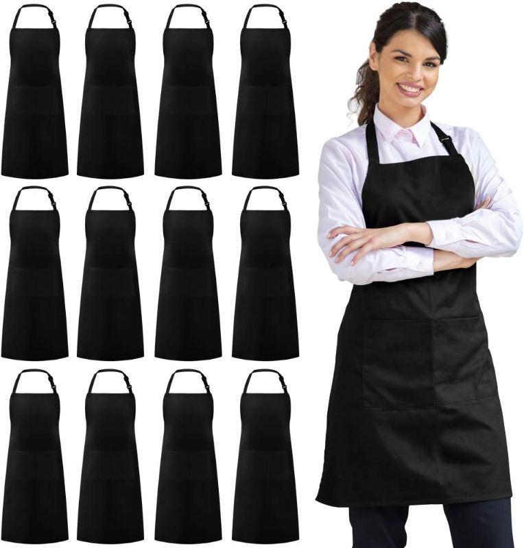 Photo 1 of 12 Pack Bib Apron - Unisex Black Apron Bulk with 2 Roomy Pockets Machine Washable for Kitchen Crafting BBQ Drawing