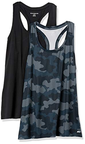 Photo 1 of Amazon Essentials Women's Tech Stretch Relaxed-Fit Racerback Tank Top, Pack of 2, Black/Grey, Camo, Large
