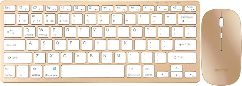 Photo 1 of Multi-Device Bluetooth Keyboard Combo, Haricset Portable Mini Dual Mode (BT+2.4G) Rechargeable Wireless Keyboard and Mouse, Ergonomic Ultra-Slim for Windows, Mac, iOS, Android (Gold)
