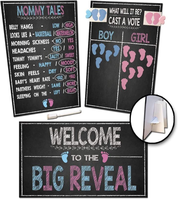 Photo 1 of Gender Reveal Board Games 17/11 with Stand, 48 Blue and Pink Voting Stickers, Welcome Sign, Erasable White Marker and Clips, Party Supplies Decorations, Photo Props Centerpiece, Chalkboard Design
