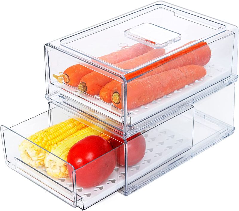 Photo 1 of 2 Pack Stackable Refrigerator Drawers Pull Out Bins Clear Fridge Drawer Organizer Food Storage Containers Plastic Veggie Fruit Produce Saver for Pantry Kitchen Freezer, 2pack×4.5L
