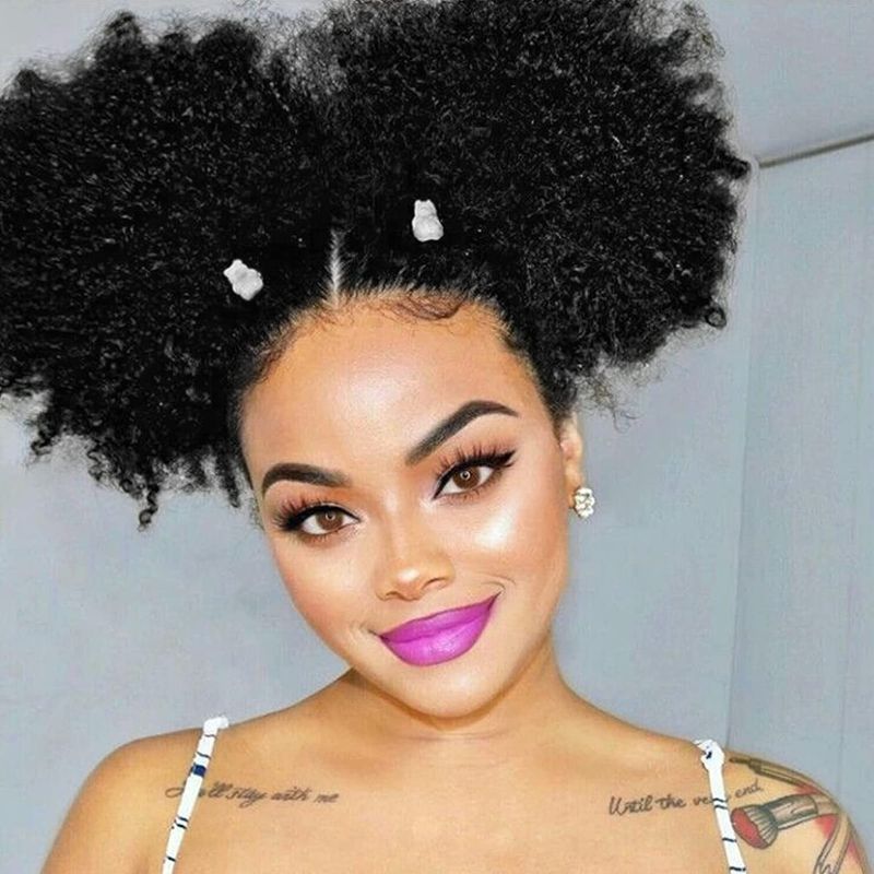 Photo 1 of 2 Pack Afro Puff Drawstring Ponytail Hair Extension Synthetic Fluffy Kinky Curly Hair Puff Bun Updo Hair Pieces Afro Donut Chignon Hairpieces Extensions (1B#)
