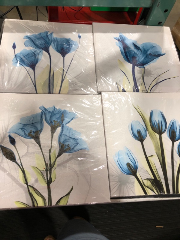 Photo 2 of Wall Decorations For Living Room Decor - 4 Panel Elegant Tulip Flower Canvas Print Wall Art Paintings For Dining Room Wall Decor And Modern Framed Art Home Decor Size: 12x12inchx4pcs Blue Flower Print
