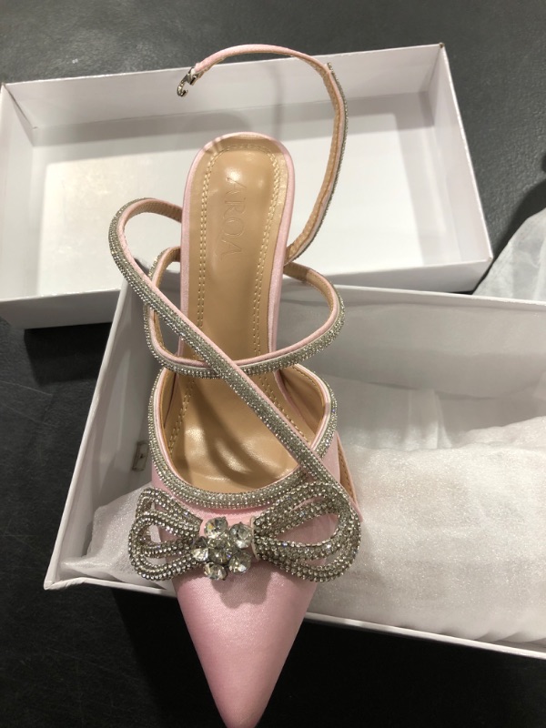 Photo 3 of Arqa Women's Rhinestone Bow Heels Ankle Strap Slingback Pumps Satin Wedding Stiletto Dress High Heel Sandals 7 Pink