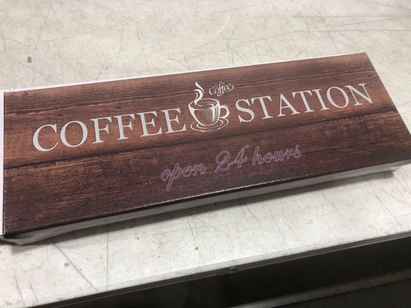 Photo 2 of Coffee Station Wall Art Sign Office Coffee Station Decor with Wood Grain Linen Prints Rustic Coffee Signs for Bar Decor Farmhouse Kitchen Cafe Open 24 Hours Retro Coffee Bar Artwork 6x17 inches Framed 6"x17" framed MC11-coffee station