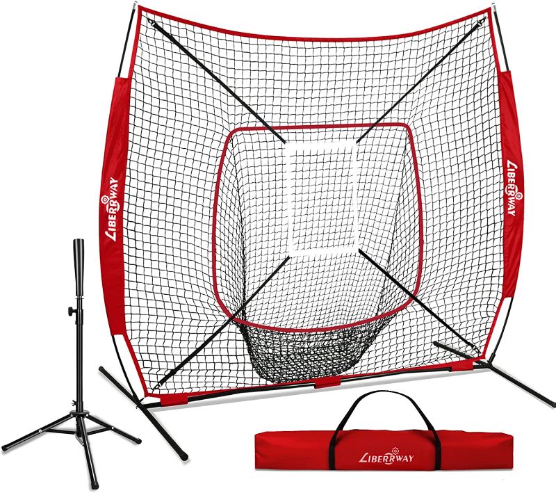 Photo 1 of 7'x 7' Baseball Backstop Softball Practice Net for Hitting and Pitching, Batting, Catching, with Batting Tee, Strike Zone, Carrying Bag, Bow Frame