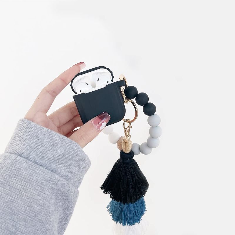 Photo 1 of AirPods Case,Gtinna Fashion Cute Stripe Apple AirPods 1&2 Case,Silicone Case for AirPods Wireless Charging Case with Silicone Beaded Bracelet Colorful Tassel Charm Keychain Accessories (Black)