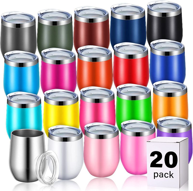 Photo 1 of 20 Pack Stainless Steel Wine Tumblers with Lids 12 oz Stemless Wine Glass Double Wall Insulated Wine Cups for Wine Coffee Cocktails Champaign, 20 Assorted Colors