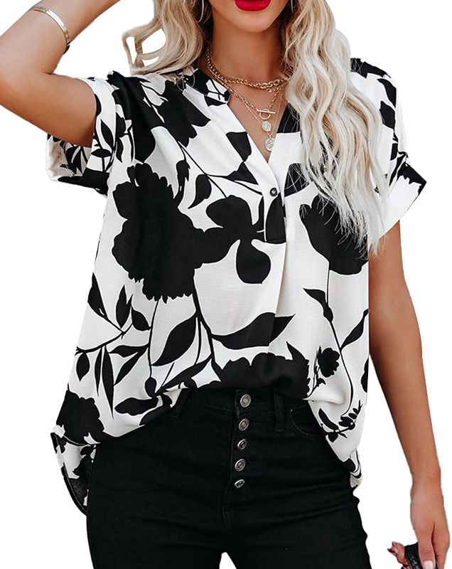 Photo 1 of Allimy Women Summer Casual Split V Neckline Chiffon Blouses Loose Tunic Short Sleeve Tops
 (SIZE XL) 