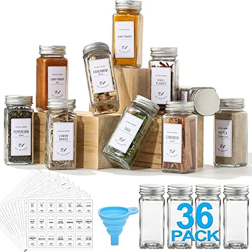 Photo 1 of AOZITA 36 Pcs Glass Spice Jars with White Printed Spice Labels - 4oz Empty Square Spice Bottles - Shaker Lids and Airtight Metal Caps - Silicone Collapsible Funnel
