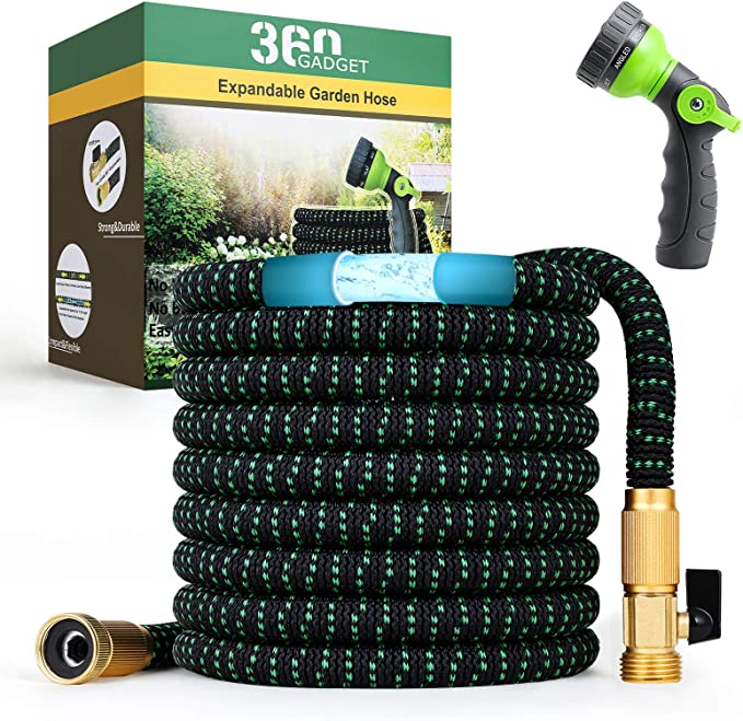 Photo 1 of 360Gadget 100' Expandable Flexible Garden Hose with 3/4" Brass Fittings and 8-Function Spray Nozzle, Retractable Kink-Free Collapsible Lightweight Outdoor Hose
