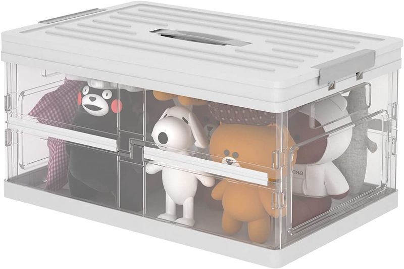 Photo 1 of Apsan Collapsible Storage Bins with Lids for organizing, Stackable Clear Latch Storage Box with Handle, Folding Plastic Containers,White
