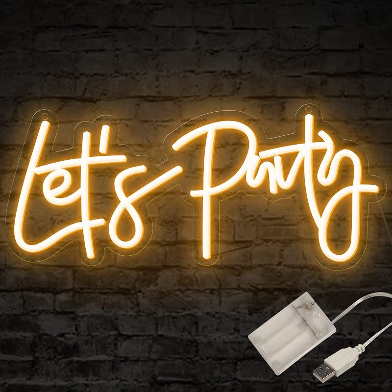 Photo 1 of ATOLS Let's Party Neon Sign Battery or USB Powered, Happy Birthday Led Sign, Lets Party Light Up Sign for Wall Decor, Bachelorette Party, Engagement Party, Birthday Party, Wedding, 16x7Inch,Warm White
