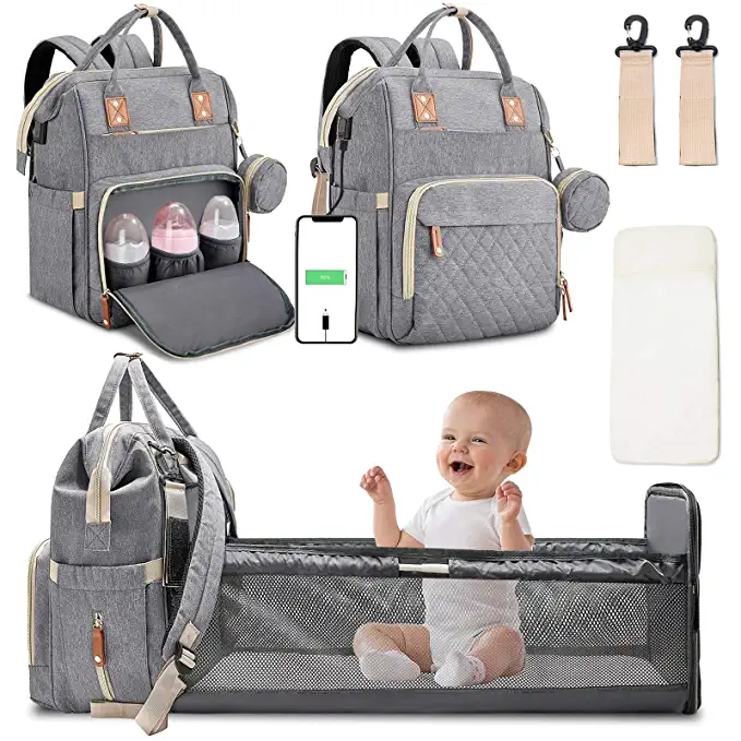 Photo 1 of Diaper Bag Backpack with Changing Station Portable Baby Bag Foldable Baby Bed Back Pack Travel Waterproof Large Travel Bag with USB, Stroller Straps, Insulated Pockets, Gift for Mom Dad Light Grey
