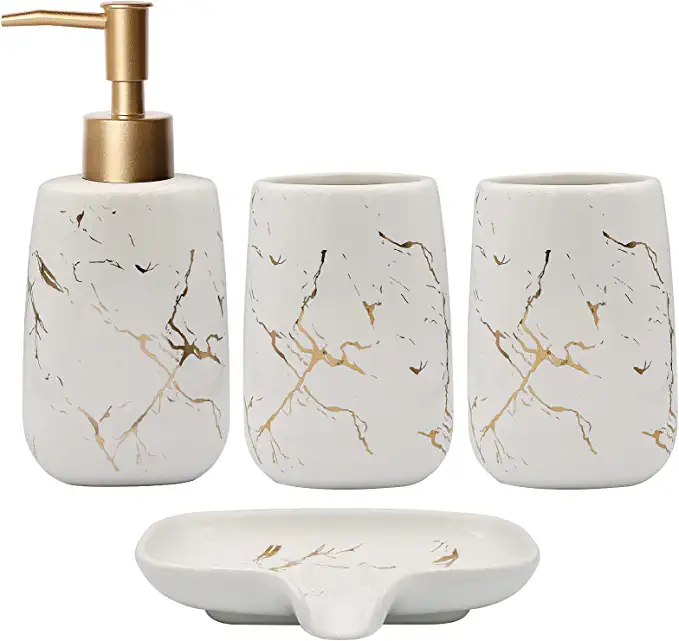 Photo 1 of 4 Pcs Creative Golden White Ceramics Bathroom Accessories Set, Include Lotion Dispenser Soap Pump, Toothbrush Holder, Tumblers, Soap Dish (Ceramic White)
