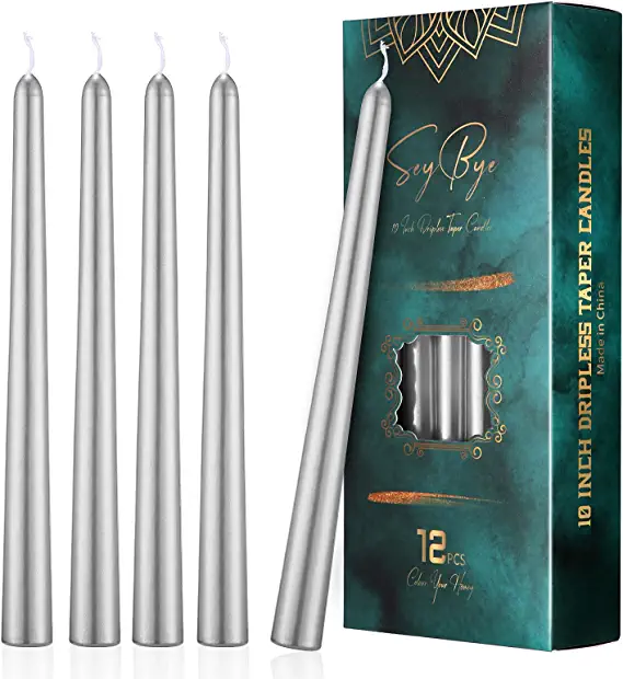 Photo 1 of 10 Inch Silver Taper Candles, 12 Pack Tall Unscented Dripless Candles with Cotton Wicks Perfect for Dinner, Party, Wedding or Farmhouse Decor, 7-9 Hour Burn Time- 7/8" Base (10 inch/Glossy, Silver)
