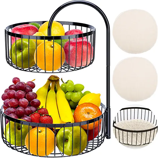 Photo 1 of 2 Tier Fruit Basket for Kitchen Counter, Countertop Fruit Bowl Holder, Detachable Fruit Stand Decorative Metal Wire Storage Baskets, Perfect for Fruits Vegetable Banana Bread, Black
