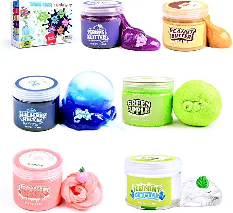 Photo 1 of FINOCLAY Slime Kit for Girls Boys, 6 Pack Different Scented & Premade Slimes in 28 oz Containers with Fruit Charms, Fluffy, Glitter, Butter, Clear Crystal Slime, Art & Crafts Gift for Kids
