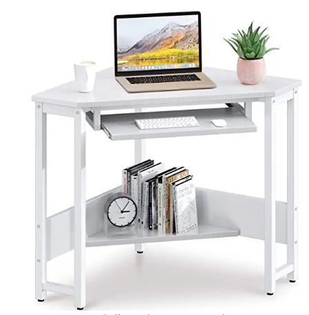 Photo 1 of ODK Corner Desk, Triangle Computer Desk, Sturdy Steel Frame for Workstation with Smooth Keyboard Tray & Storage Shelves, White
