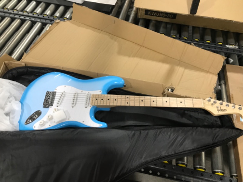 Photo 2 of Monoprice Cali Classic Electric Guitar - Blue Burst, 6 Strings, Double-Cutaway Solid Body, Right Handed, SSS Pickups, Full-Range Tone, with Gig Bag, Perfect for Beginners - Indio Series
