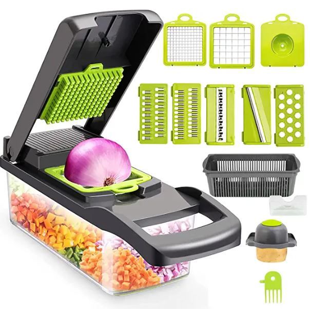 Photo 1 of Artbros Vegetable Chopper Onion Chopper - 12 in 1 Multi-Functional Mandoline Slicer Veggie Fruit Dicer Cutter with Colander Basket and Container - Grey
