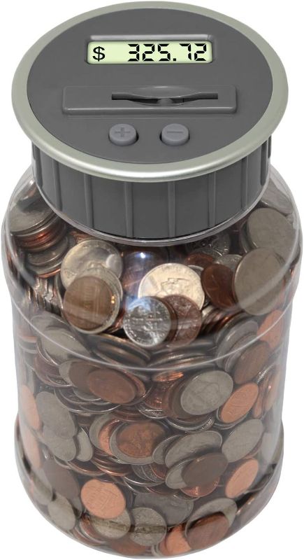 Photo 1 of Teacher's Choice Digital Coin Bank, Savings Jar, and Piggy Bank | Automatic Coin Counter Totals All U.S. Coins Including Dollars and Half Dollars - Original Style, Clear Jar w/ Grey Lid
