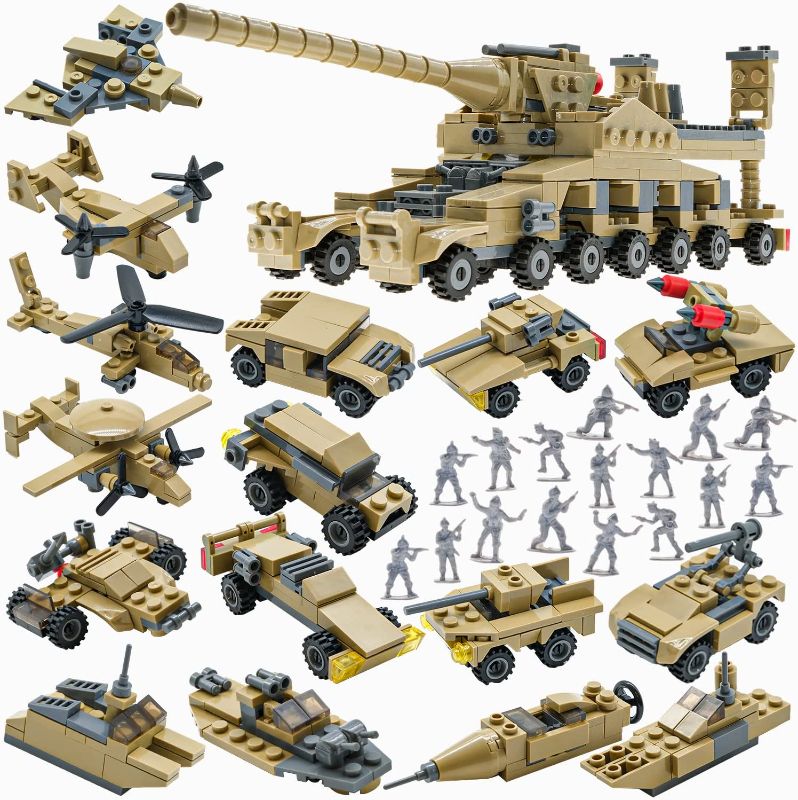 Photo 1 of Military Building Blocks Toy Set, Creative Army Men Toys for Boys Kids, Create a WW2 German Dora Railgun Tank Model or 16 Small Military Vehicles, with 20 Toy Soldiers, Best Ages as 6 7 8 9 Year Old
