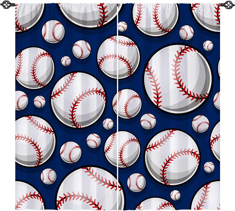 Photo 1 of ANHOPE Boys Baseball Curtains Kids Sports Theme Window Drapes with Baseball Ball of Different Sizes Design Print Pattern Rod Pocket Art Curtains for Bedroom Living Room Nursery, 2 Panels, 42 x 63 Inch
