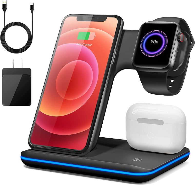 Photo 1 of Wireless Charger, 3 in 1 Fast Charging Station for Apple Watch Series SE 6~2,AirPods,iPhone 13 12 11 Pro/X/Xr/Xs/8 Plus,Qi-Certified Phones(with QC3.0 Adapter)
