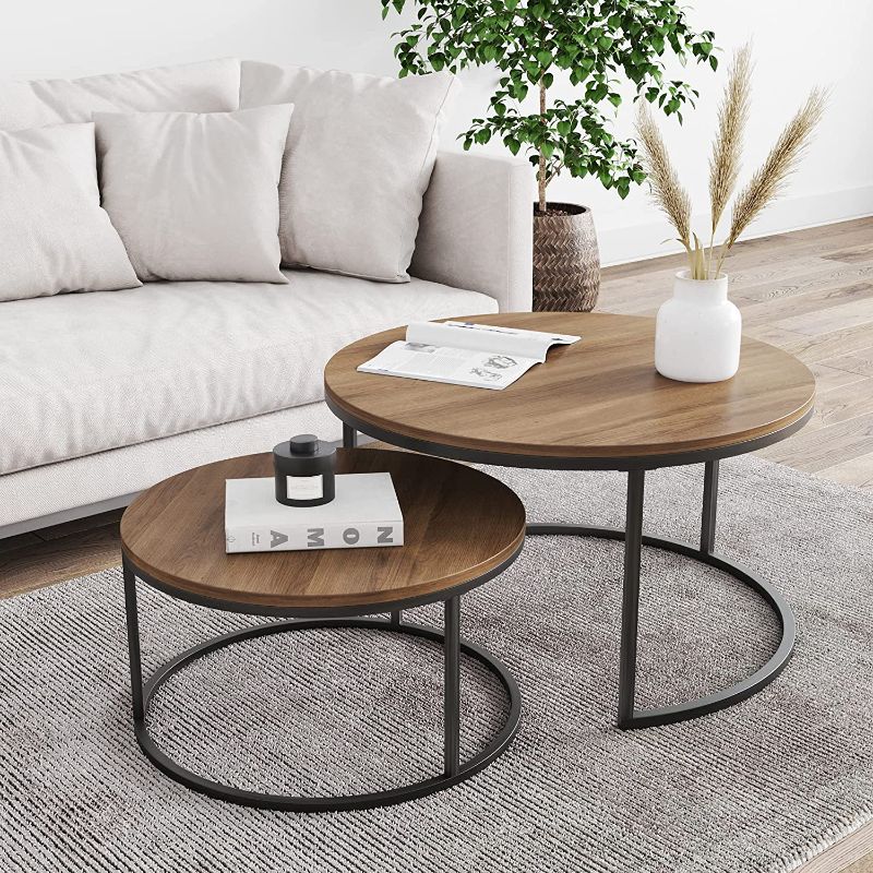 Photo 1 of Nathan James Stella Round Modern Nesting Coffee Set of 2, Stacking Living Room Accent Cocktail Tables with Industrial Wood Finish and Powder Coated Metal Frame, Reclaimed Oak/Black
