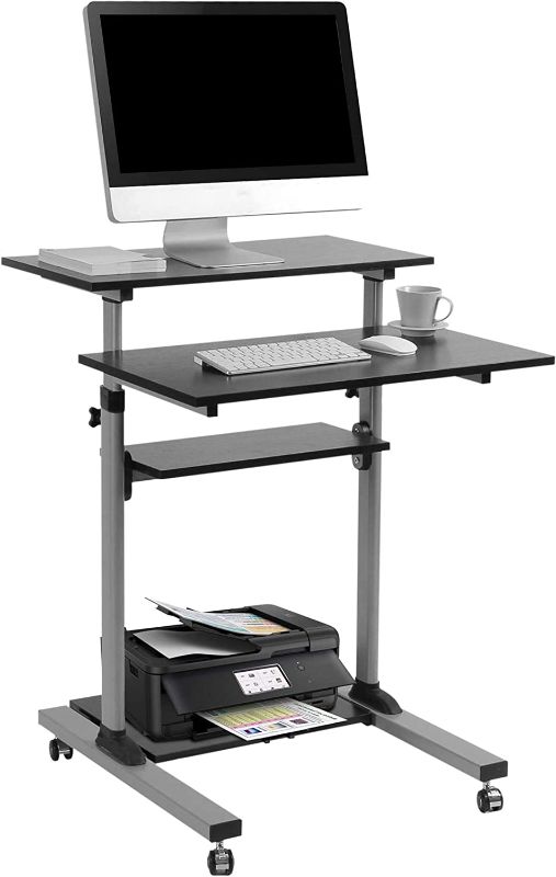 Photo 1 of TechOrbits Rolling Desk for Laptop - Standing or Sitting Mobile Computer Cart with Wheels, Adjustable Height & 27.5-inch Surface - Portable Home Office Workstation - Black?
