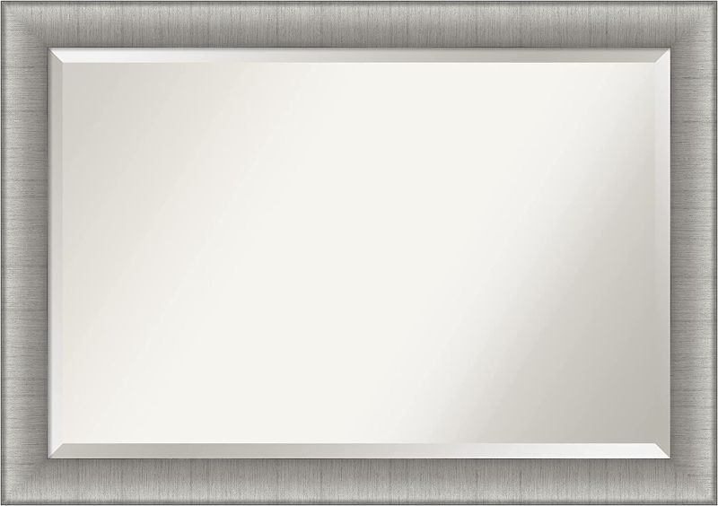 Photo 1 of Amanti Art Beveled Bathroom Wall Mirror (28.75 x 40.75 in.), Elegant Brushed Pewter Frame - Bathroom Mirror, Vanity Mirror - Silver, Large