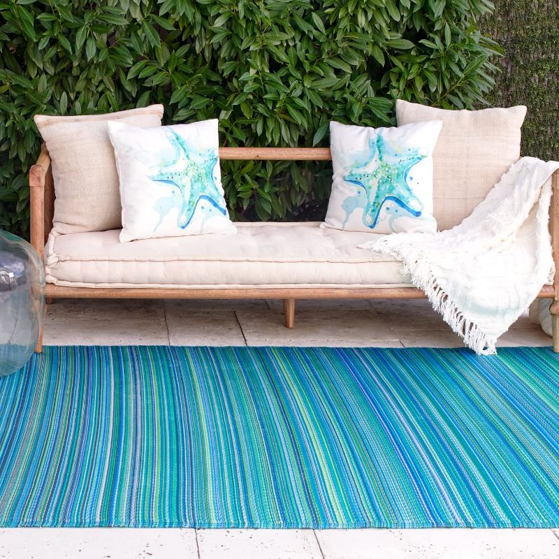 Photo 1 of Fab Habitat Outdoor Rug - Waterproof, Fade Resistant, Crease-Free - Premium Recycled Plastic - Striped - Patio, Porch, Deck, Balcony, Sunroom - Cancun - Turquoise & Moss Green - 5 x 8 ft
