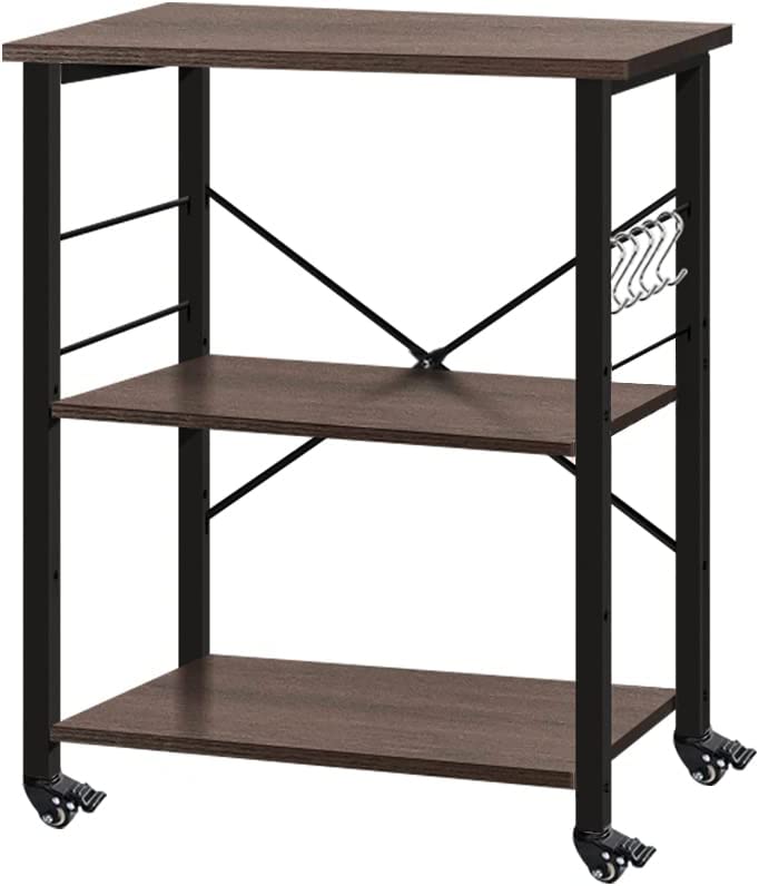 Photo 1 of AZL1 Life Concept Accent 3-Tier With 5 Hooks Kitchen Rack Utility Microwave Oven Stand Movable Cart Workstation Shelf, 23.7inch, Brown
