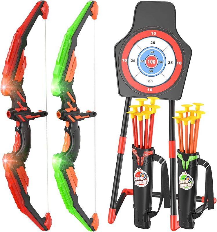 Photo 1 of Doloowee 2 Pack Set Bow and Arrow for Kids with LED Lights - New Upgrade Archery Set Includes 2 Super Bow, 16 Suction Cups Arrows 2 in 1 Target with 2 Shoulder-Strapped Quiver Toys for Boys and Girls
