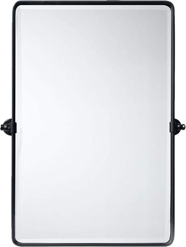 Photo 1 of 27 x 35 inch Farmhouse Large Black Metal Framed Pivot Rectangle Bathroom Mirror Rounded Rectangluar Tilting Beveled Vanity Mirrors for Wall
