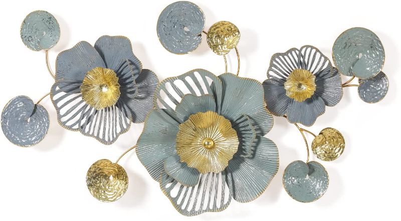 Photo 1 of Adeco 37.5” Metal Flowers Wall Decor- Boho Large Wall Sculptures Art Handmade 3D Wall Hanging Decoration for Living Room,Bedroom,Bathroom (Blue and Gold)
