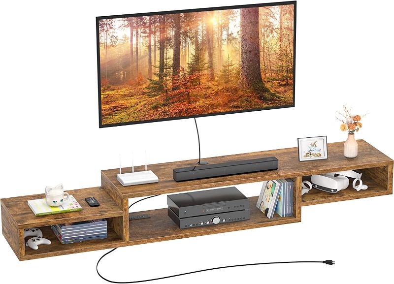 Photo 1 of Aheaplus Floating Wall Mounted Entertainment Center with Power Outlet 59" Retro TV Stands Component Shelf, TV Media Console with Storage for 43 / 50 / 55/ 60 inches TV, Under TV Shelf, Rustic Brown
