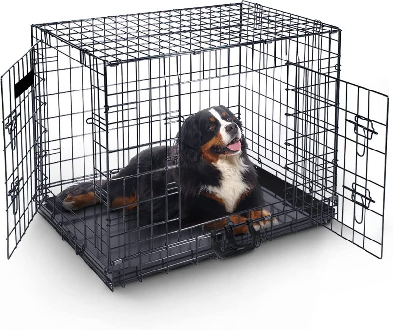 Photo 1 of 42 Inch Dog Crate - Folding Metal Dog Cage with 2 Doors (Front & Side), Chew Resistant Plastic Base Tray & Carrier Handle, Pet Crates for Small, Medium & Large Dogs, Perfect for Puppy Training - Black
