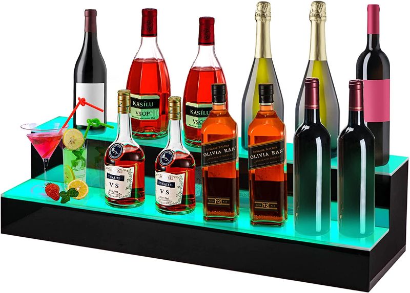 Photo 1 of VEVOR LED Lighted Liquor Bottle Display Shelf, 30-inch LED Bar Shelves for Liquor, 2-Step Lighted Liquor Bottle Shelf for Home/Commercial Bar, Acrylic Lighted Bottle Display with Remote & App Control
