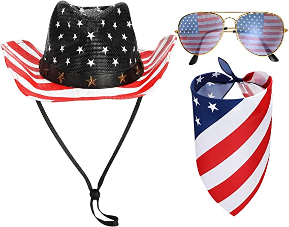 Photo 1 of Adult Cowboy Hat with Cowboy Bandana and Glasses Western Cowboy Cowgirl Costume Accessories Set for Halloween Party
