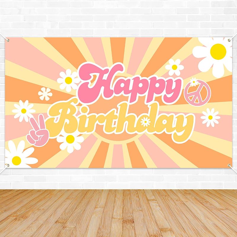 Photo 1 of A1diee Groovy Happy Birthday Backdrop Banner Retro Hippie Boho Girl Birthday Party Decorations Party Supplies Daisy Flower Birthday Photography Background for Baby Shower Photo Prop Wall Decor
