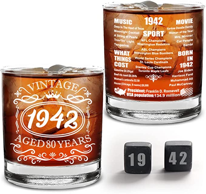 Photo 1 of 80th Birthday Gift for Men -80 Year Old Birthday Decoration Gift -1942 Vintage 80th Birthday Anniversary Party Supplies for Dad Grandpa -11 oz Whiskey Glass (Factory Sealed only open for picture) 
