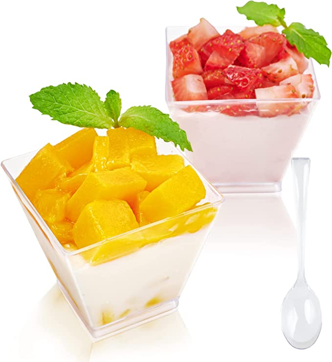 Photo 1 of 50 x 2oz Square Mini Dessert Cups with Spoons, Clear Plastic Parfait Appetizer Cup - Square Plastic Cups Reusable Serving Bowl for Tasting Party Desserts Appetizers
